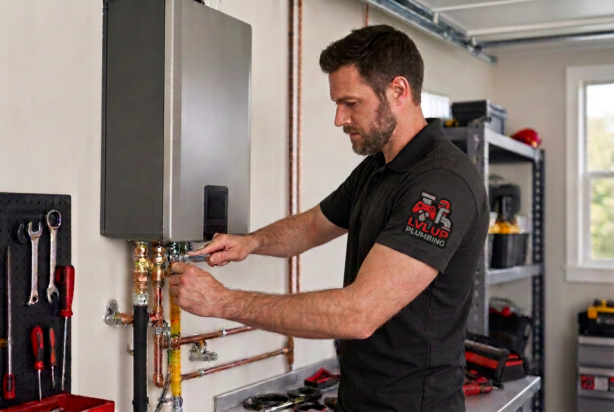LVL Up Plumbing technician installing a tankless water heater in an Upland, CA home